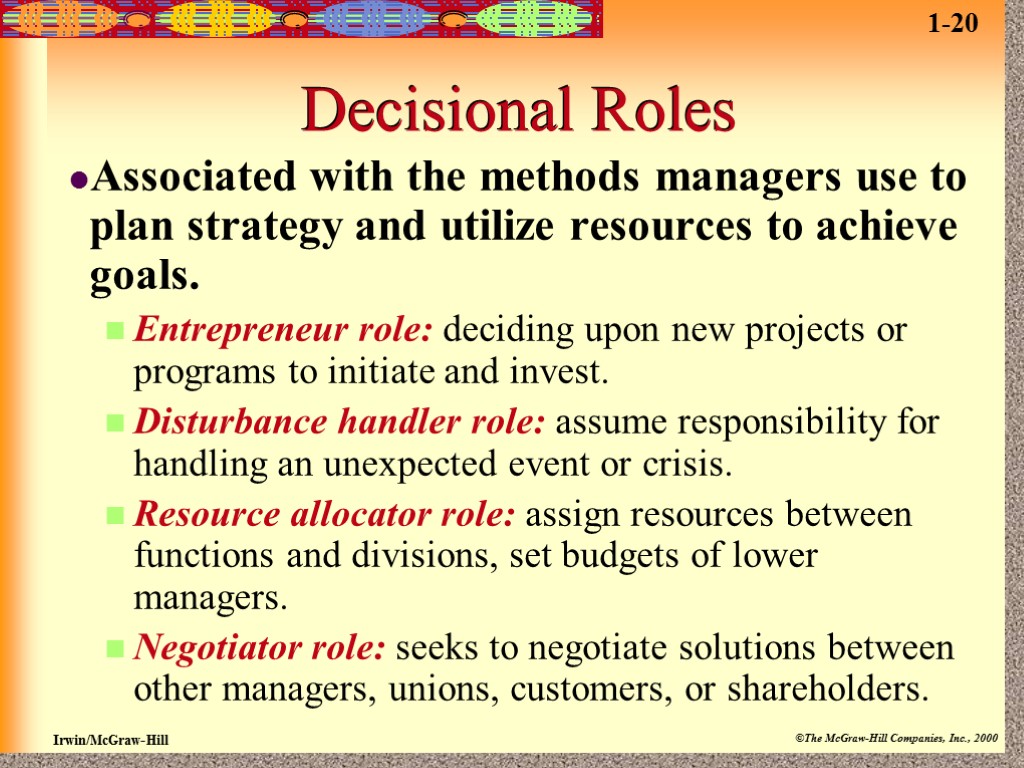 Decisional Roles Associated with the methods managers use to plan strategy and utilize resources